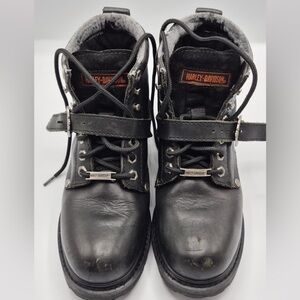 Harley-Davidson Black Leather Lace-Up Strap Boots with Metal Accents